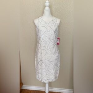 Vince Camuto Geometric Pattern Sleeveless Sequin Ivory & Silver Shift Dress Sz 8